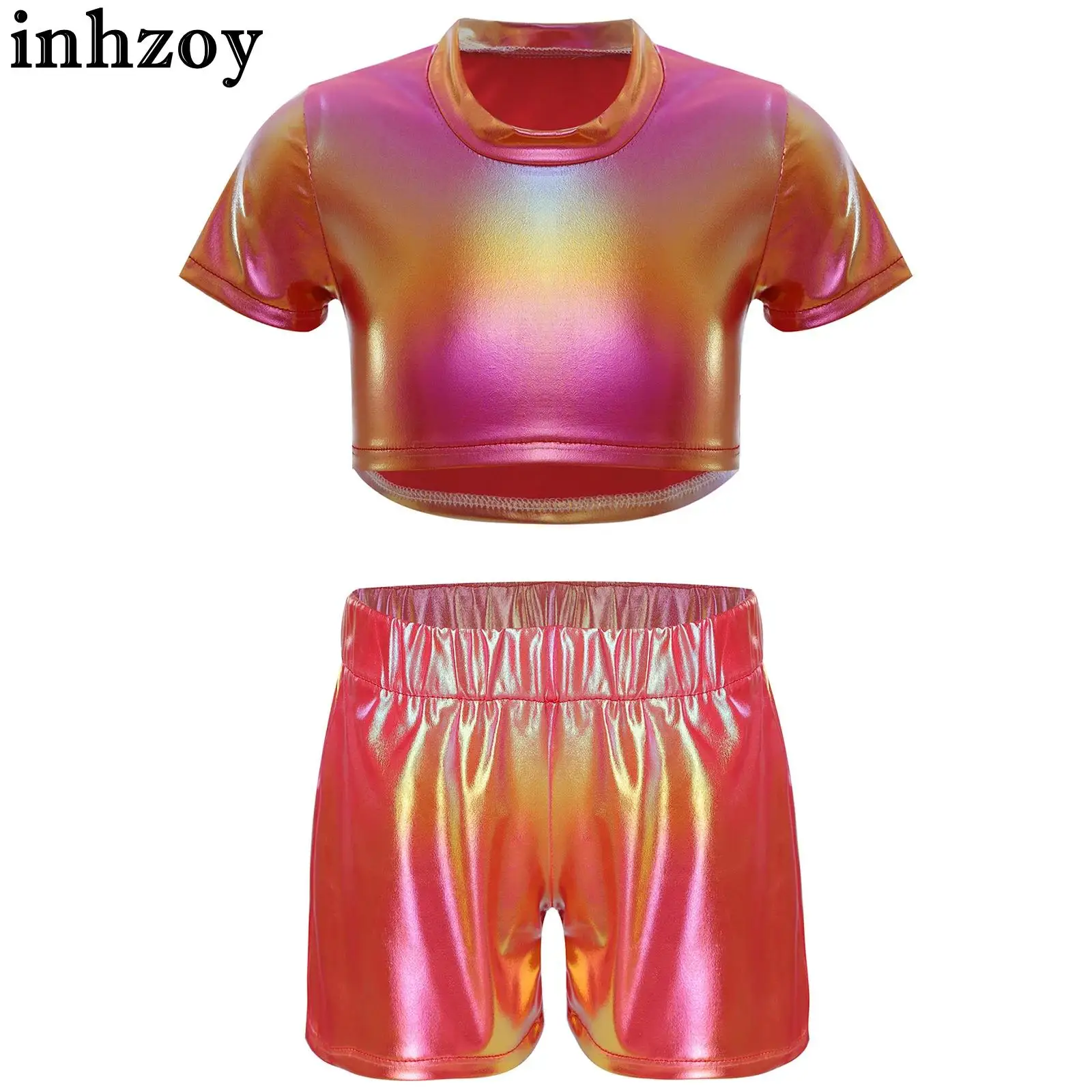 Kids Girls Hip Hop Jazz Dance Costume Metallic Short Sleeve Crop Top with Shorts Cheerleading Stage Performance Street Dancewear