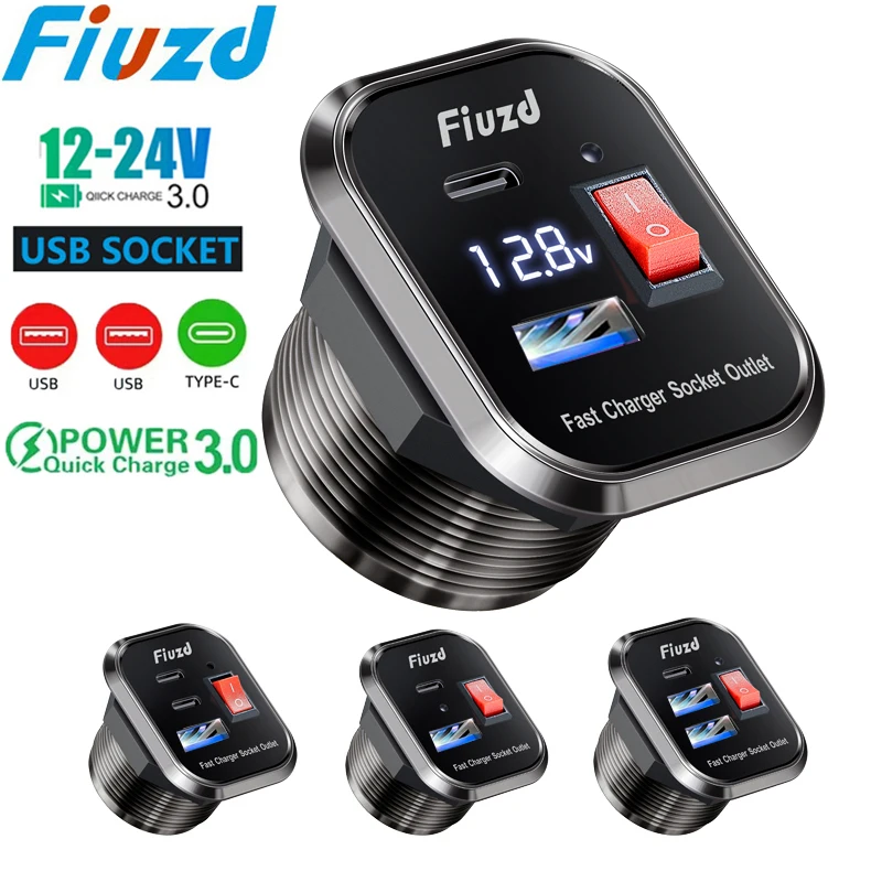 12V 24V Dual USB Charger Socket with ON OFF Switch QC3.0 PD Fast Charging for Truck RV Bus and Boat Applications