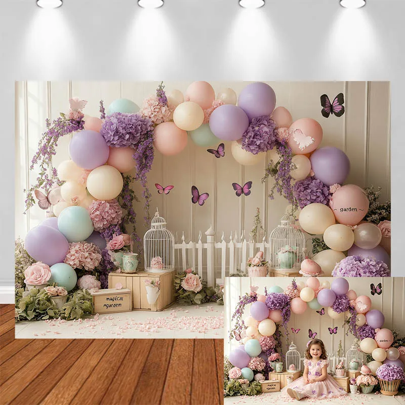 LS Photography Background Purple Balloon Arch Flowers Butterfly Decor Wedding Birthday Adult Kids Portrait Photo Backdrop Studio