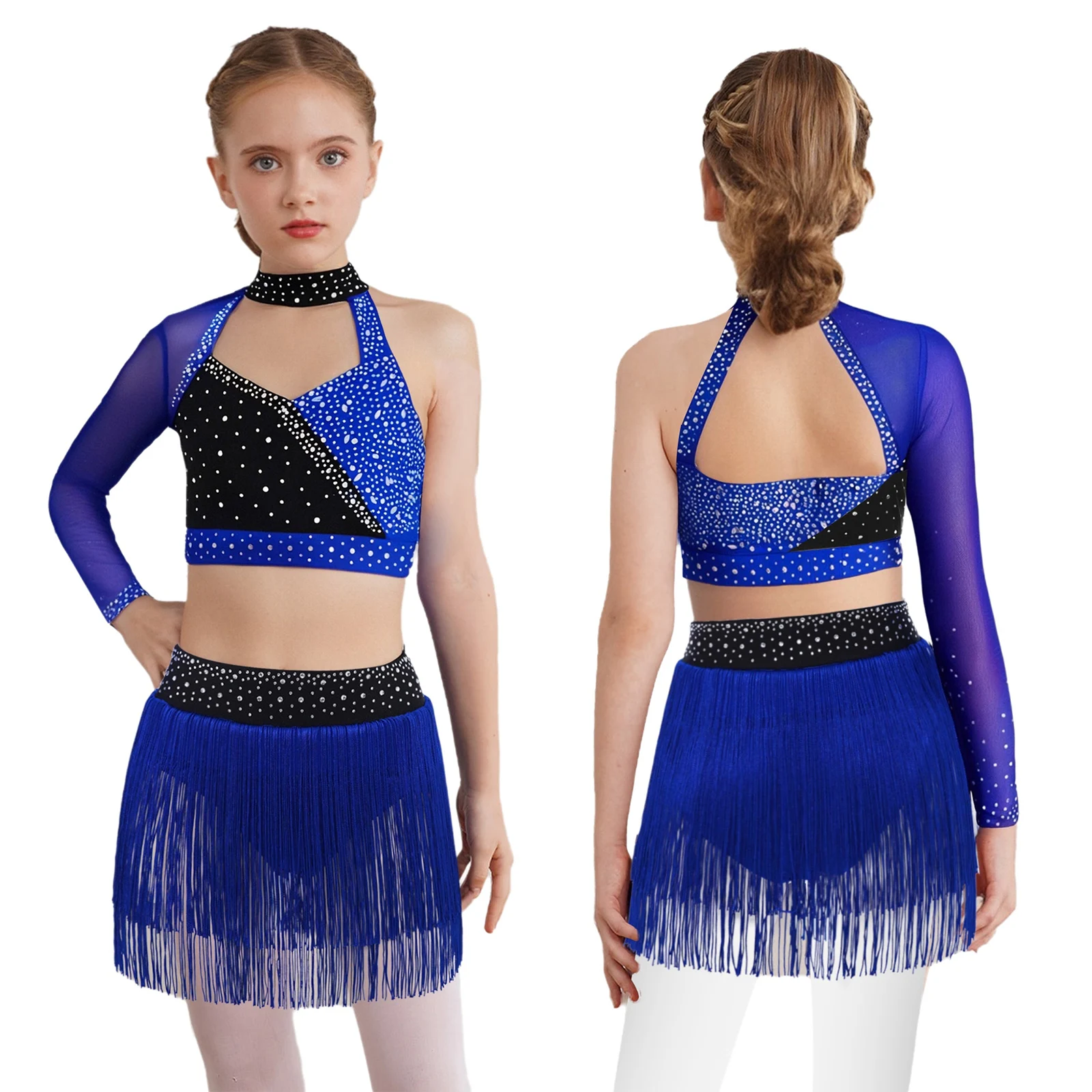 Crianças meninas dança latina desempenho traje lírico ballet dança outfit um ombro strass colheita topo + borla briefs saia conjunto