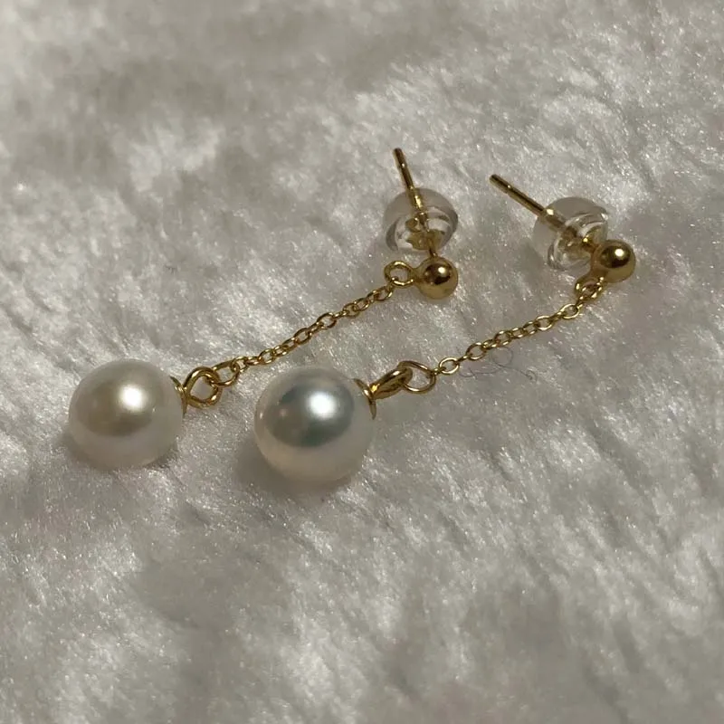 ELEISPL JEWELRY Lots 5 Pairs 7-8mm Round FW Pearl Dangle Earrings Gold Chain  #2300132－1