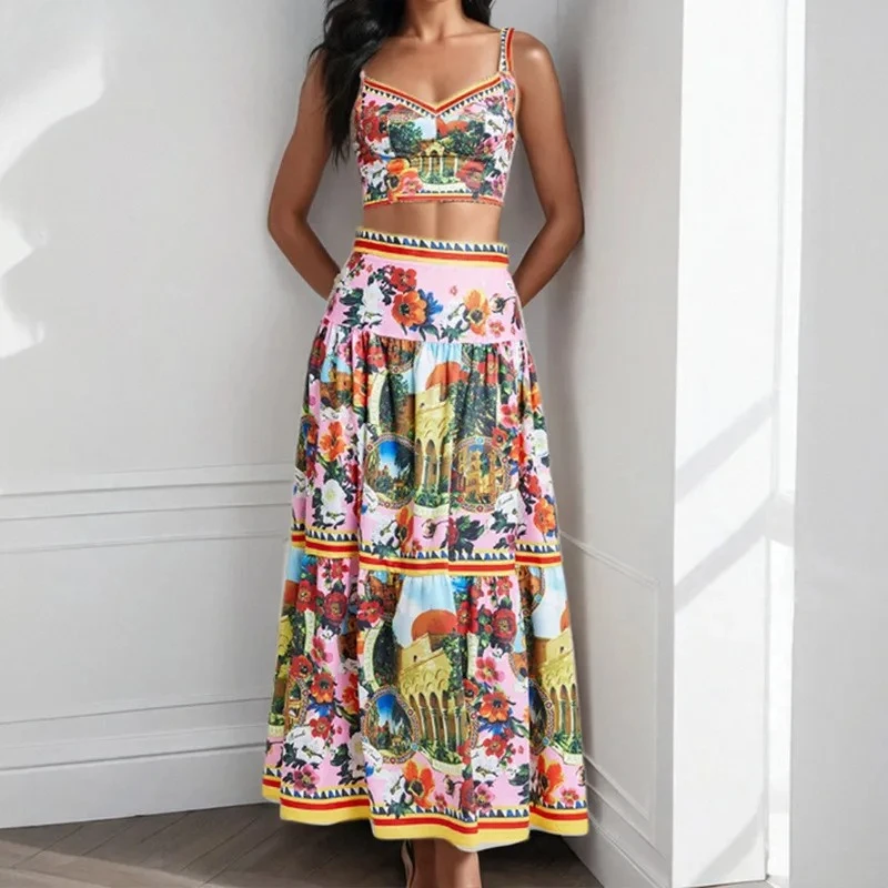 

2025 Spring and summer European and American women's sexy and fashionable printed vest+slim fit high waisted skirt two-piece set