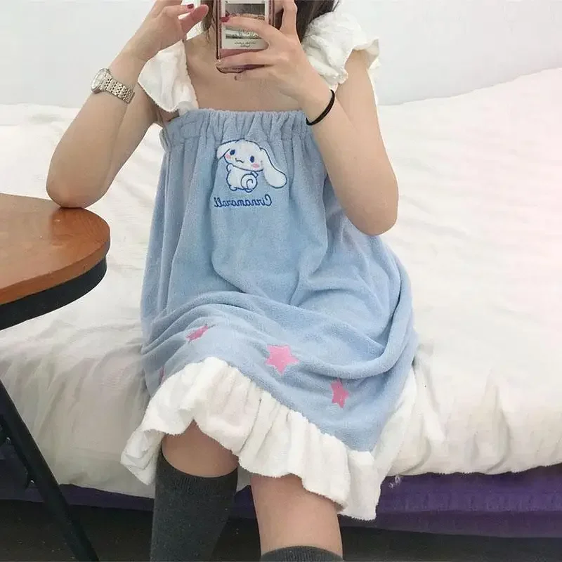 

Sanrios Cinnamoroll Nightgown Sexy Sling Sleeping Dress for Women My Melody Kuromi Bath Towel Bathrobe Princess Style Nightgown
