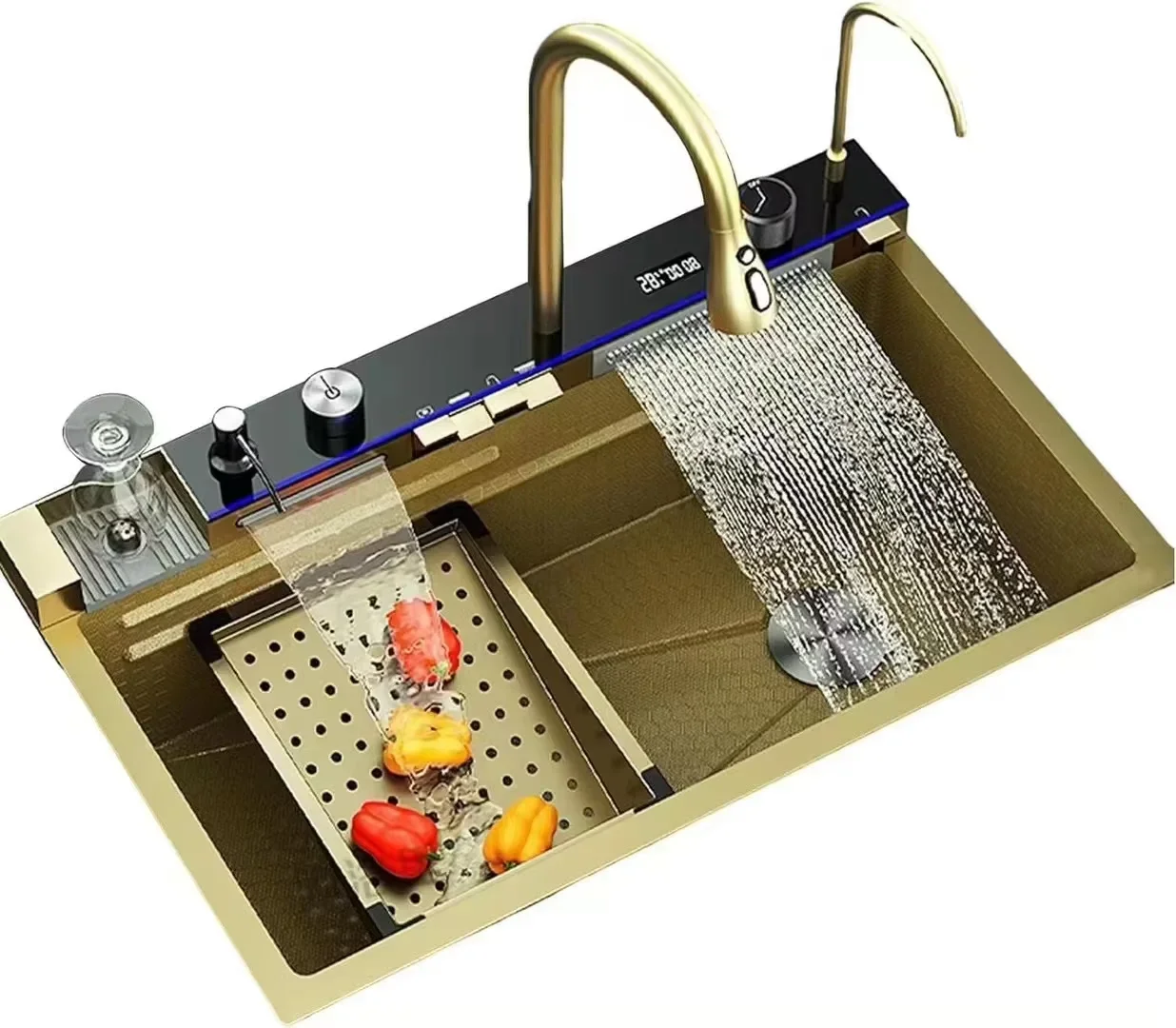 Smart stainless steel waterfall kitchen sink gold large single bowl rectangular household kitchen sink