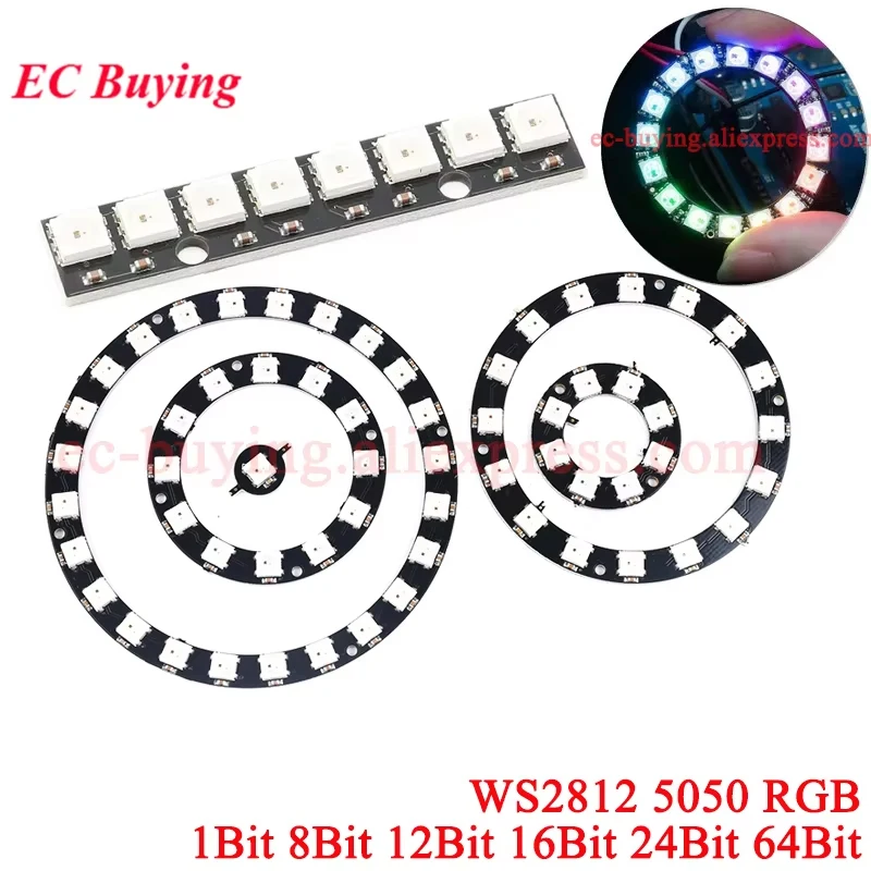 5Pcs/1pc WS2812 WS2812B 5050 Led Strip Board Module 1/8/12/16/24 LEDS Bits Round LED RGB Colorful Full Color Light Strip
