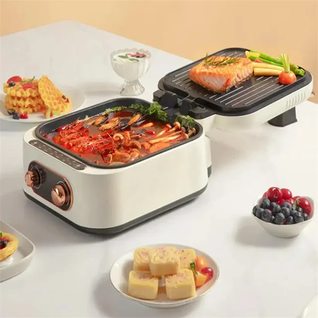 2 in 1 Hot Pot BBQ Grill 1800W Multifunction Por Home Foldle Non-Stick Split Pot Smokeless Barbecue Pan