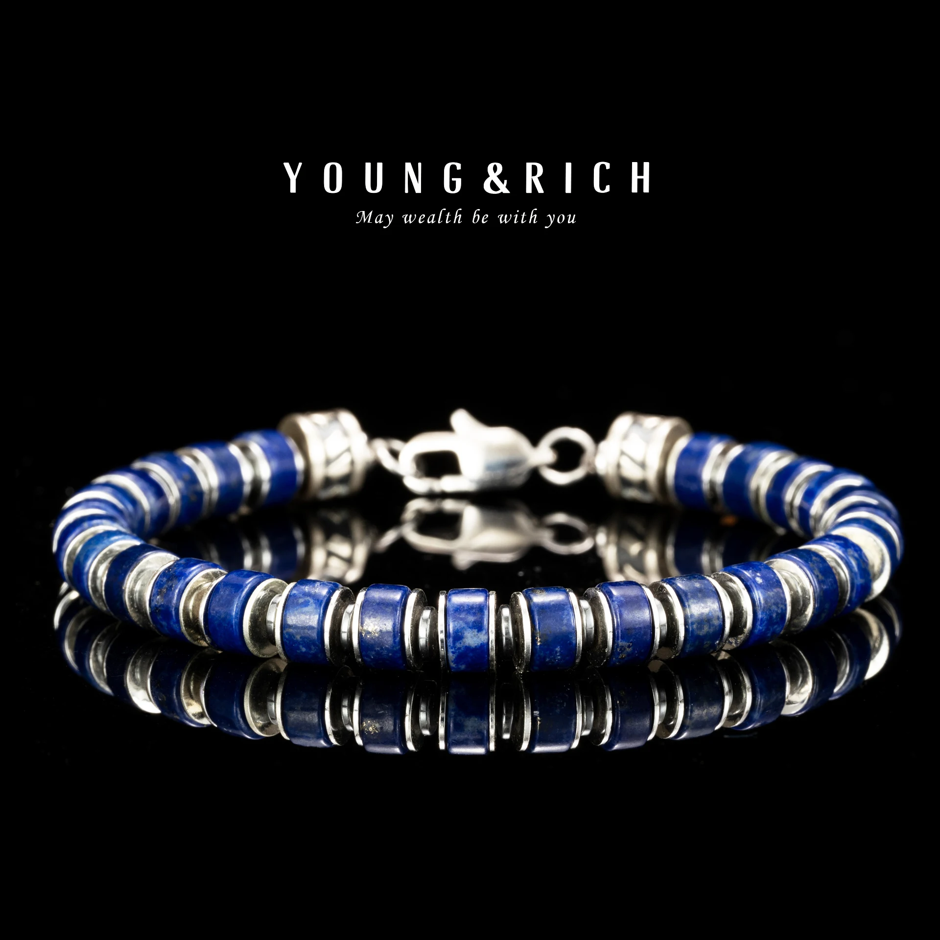 Men's Lapis Lazuli Bracelet, 925 Sterling Silver & Hematite Beaded Bracelet, Blue Natural Stone Jewelry, Vintage Gift for Him