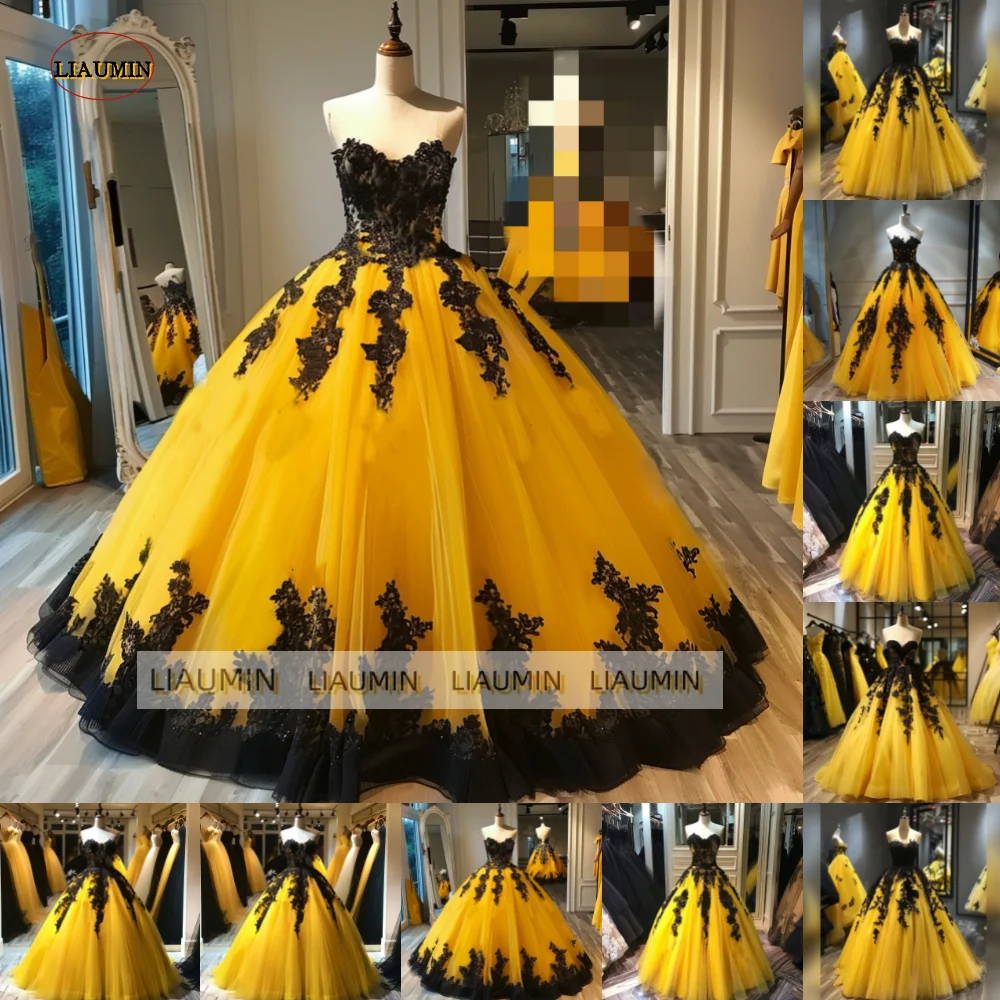 Yellow Tulle Black Lace Applique Strapless Evening Prom Dress A Line Full Length Formal Occasion Party Lace Up Hand Made A1-11