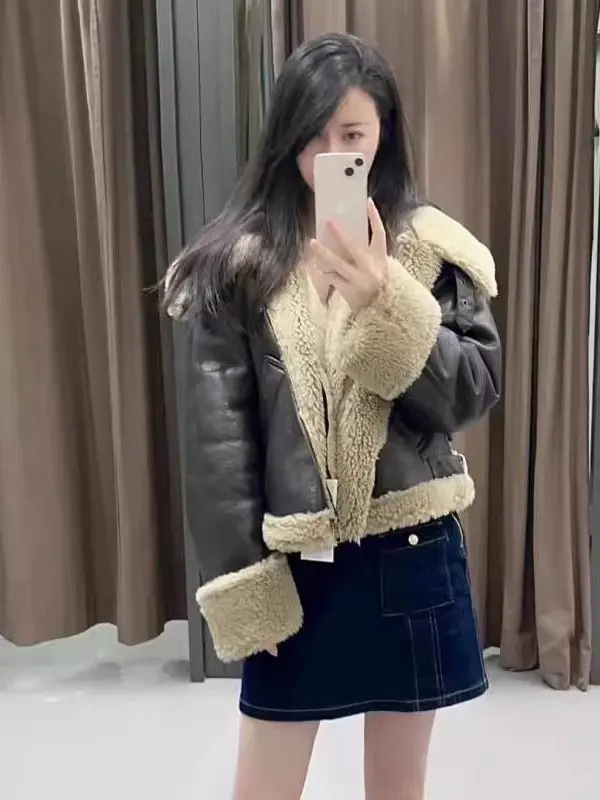 على الوجهين دراجة نارية Sle Jaet معطف تخفيف سلسلة وهمية الفراء ياقة جلدية المرأة فضفاضة تناسب طويلة Sve سستة لون نقي
