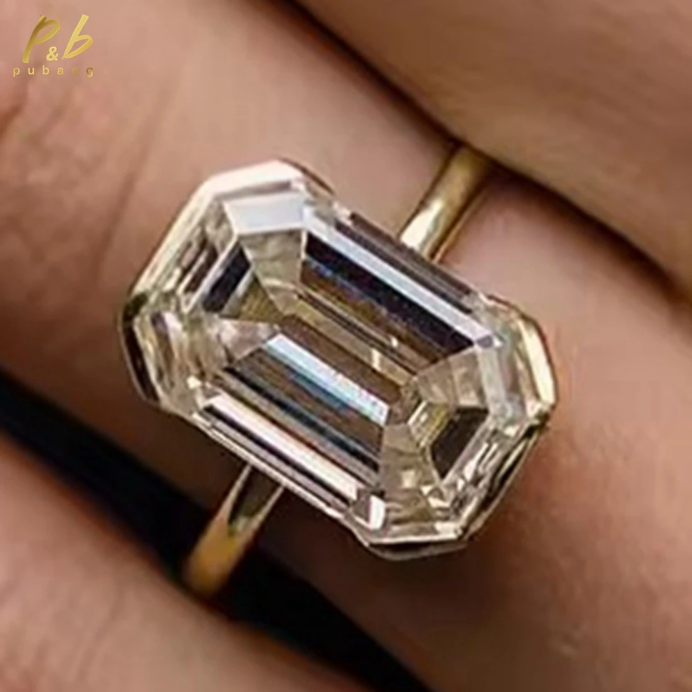 

PuBang 3EX VVS1 D Color 10.5 Carat Moissanite Old Mine Emerald Cut Ring 14K Solid Yellow Gold Bezel Setting for Woman Wedding