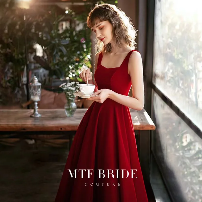 

Tea-Length Cocktail Dress Luxury Burgundy Satin A-Line Hepburn Style Sexy Strapless Formal Prom Party Eveni