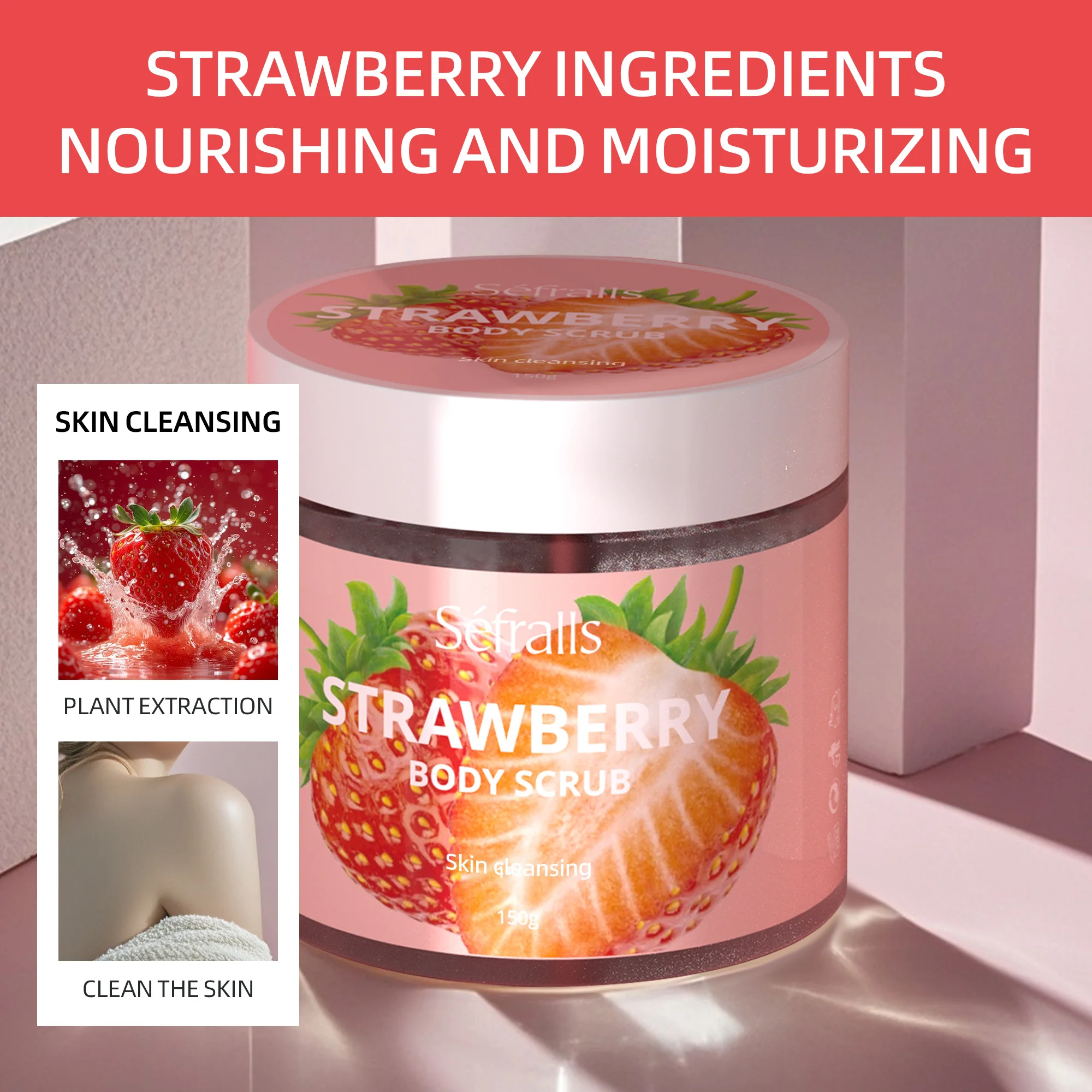 Séfralls Strawberry Body Scrub 4pcs Set (Rubbing ball, scrubbing tape, scrubbing gloves, body scrub) Bath Scrub Set Easy