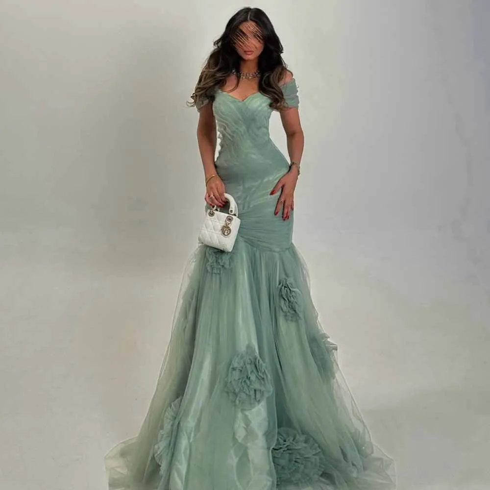 

Romantic Women Ceremony Dresses Chiffon Mermaid/Trumpet Valentine's Day Dress Turquoise Off-the-shoulder Applique Prom Dresses
