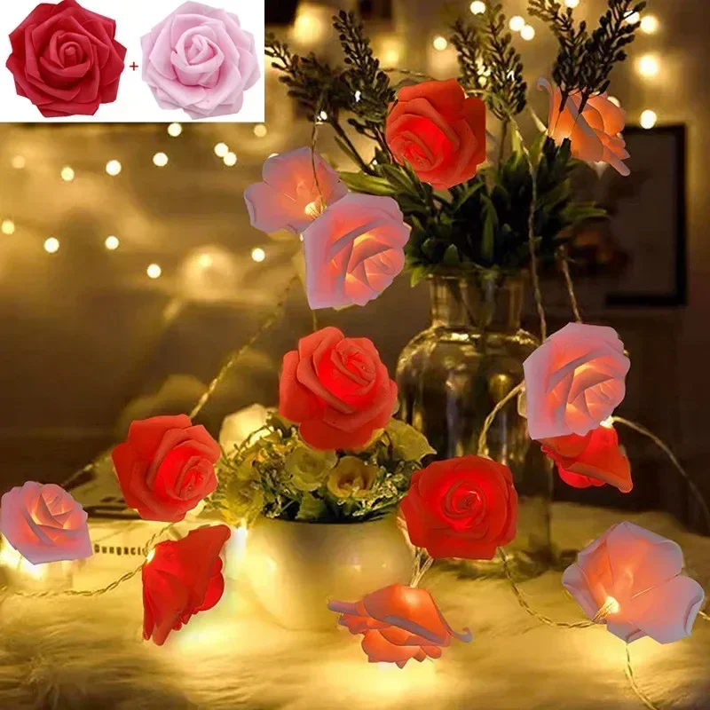 Rose LED Flower String Lights, Fairy Garland Lamp, decoração romântica, casamento, dia dos namorados, festa de Natal, 3m, 20LEDs