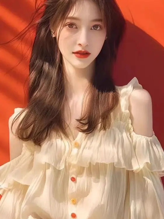 Faionable Chic Women's irt Unique Design Sweet Sle V-Ne Flounce Sve Loose Fit Spring 2025 Trendy Top