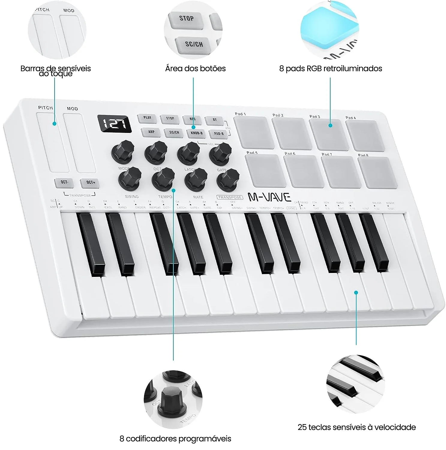 M-VAVE 25 Key USB MIDI Keyboard Controller With 8 Backlit Drum Pads, 8 Knobs and 2 Touch Stripes Music Keyboard Instruments