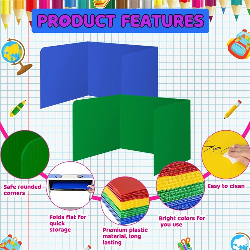 AED7-4 Pack Colorful Privacy Floders For Student Desks - Plastic Erasable - Testing Dividers For Classroom - Easy Clean