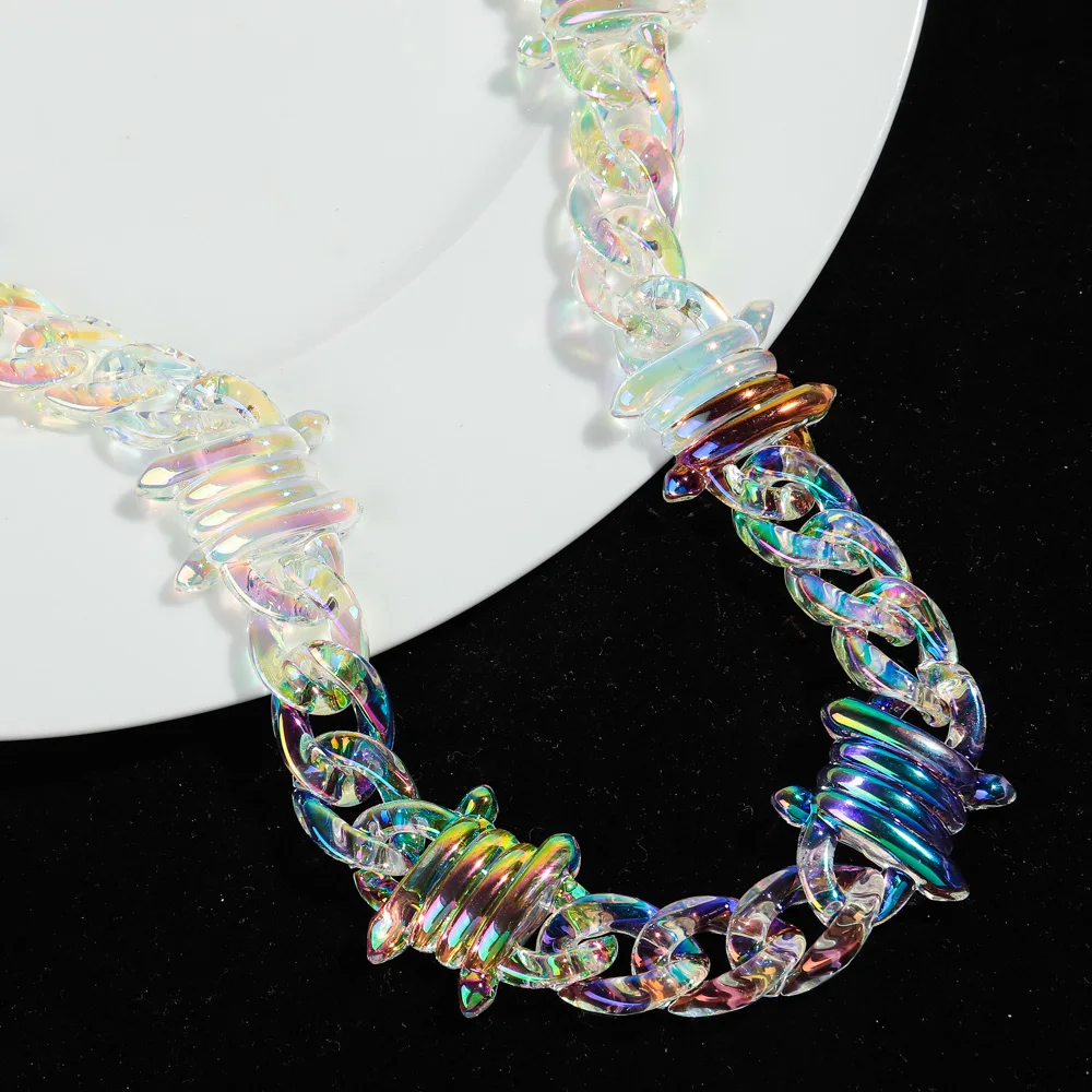 New Punk Iridescent Clear Acrylic Chain Lock Pendant Necklaces for Men Women HipHop Spike Chain Collar Fashion Jewelry Gifts