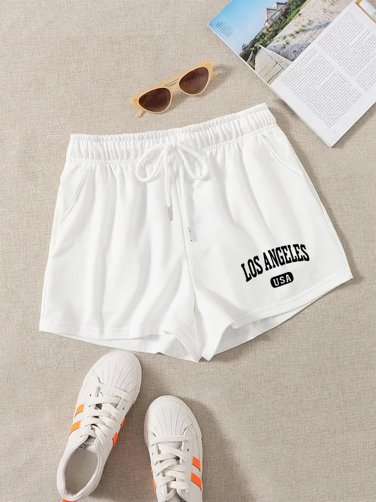 Los Angeles USA Letter Print Drawstring Shorts Casual Slant Pockets Shorts For Spring & Summer Women's Men's Oversize Clothing