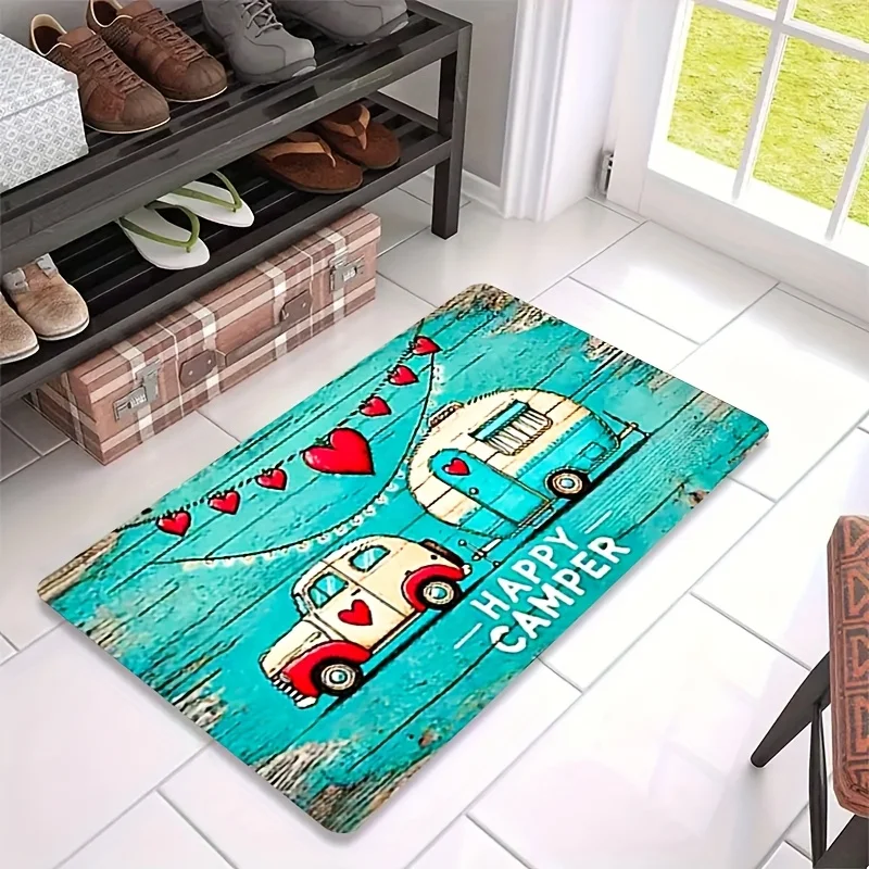 Vintage Camper Van & Hearts Design Turquoise  Happy Camper Welcome Mat - Soft Indoor/ Door Mat for RV, Cabin, Home Decor - Machi