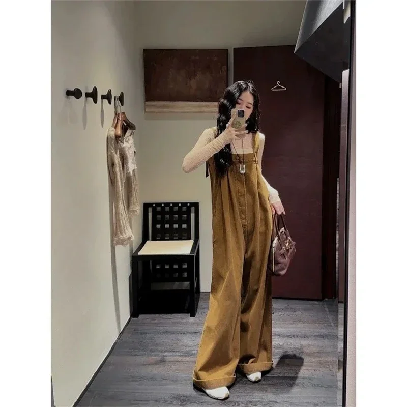 Women's Casual Retro Loose Wide Leg Suspender Jumpsuits Pants Fashion Overalls Female Streetwear Rompers Straight Denim Trouser