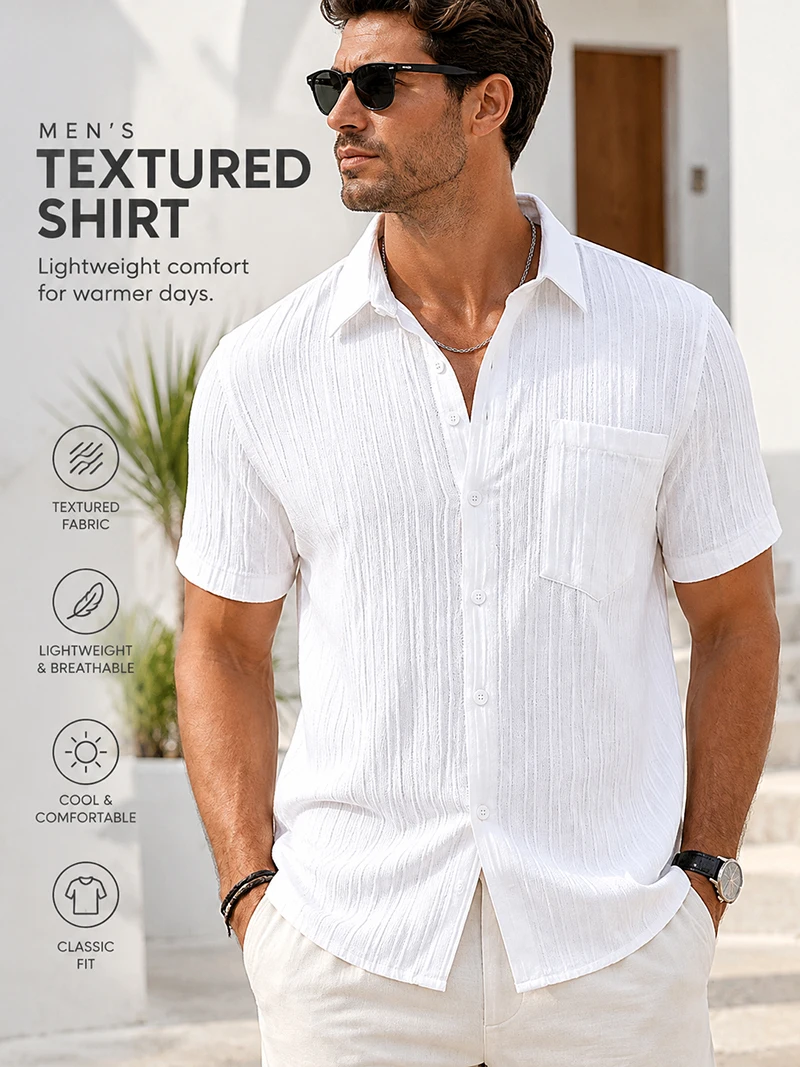 Herren Strukturiertes Kurzarmhemd Sommer Casual Button-Down-Hemd Locker Geschnittenes Atmungsaktives Oberteil mit Brusttasche für den Strandurlaub – Detail 1
