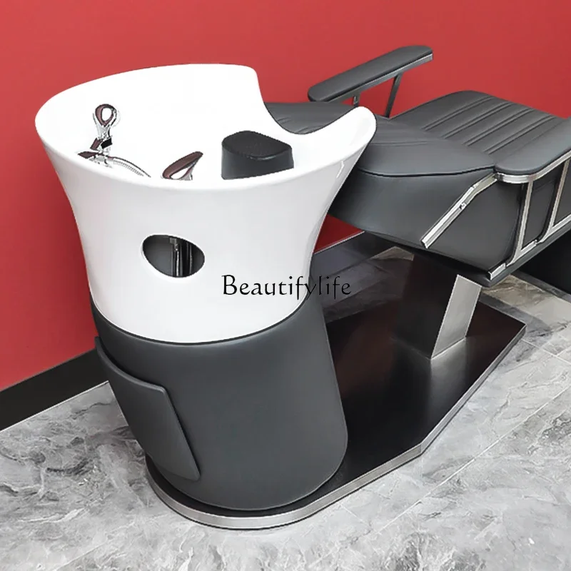 New Barber Shop Shampoo Chair Ceramic Deep Basin High-End Lying Half for Hair Salon Flushing Bed