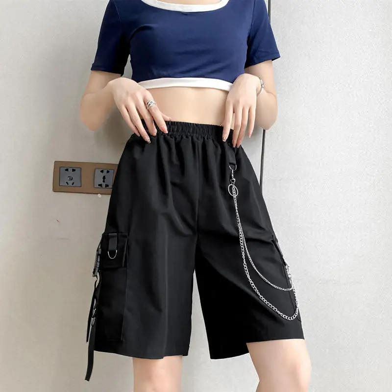 Casual Shorts Women Summer Streetwear Fashion Popular Chains Loose Trousers Pockets Harajuku Vintage Personality Daily Temper