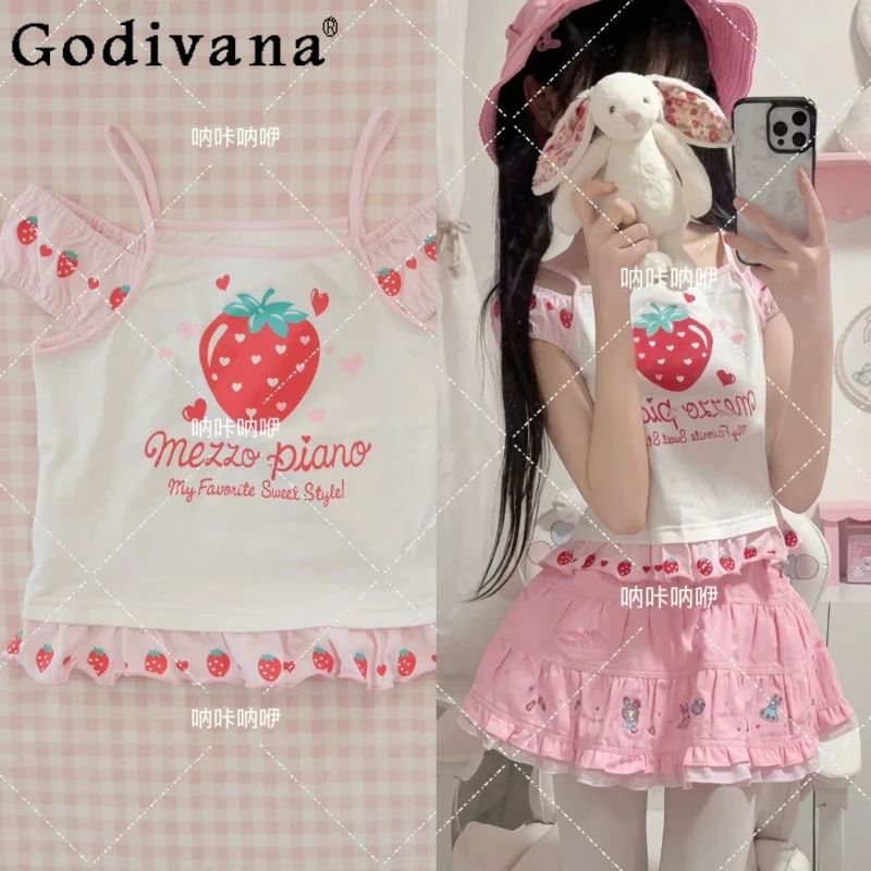 

Japanese Cute Girls Pink Skirt Set Summer New Daughter Kawaii Cotton Clothing Cartoon Strawberry Print Camis Short Skirt Outfit