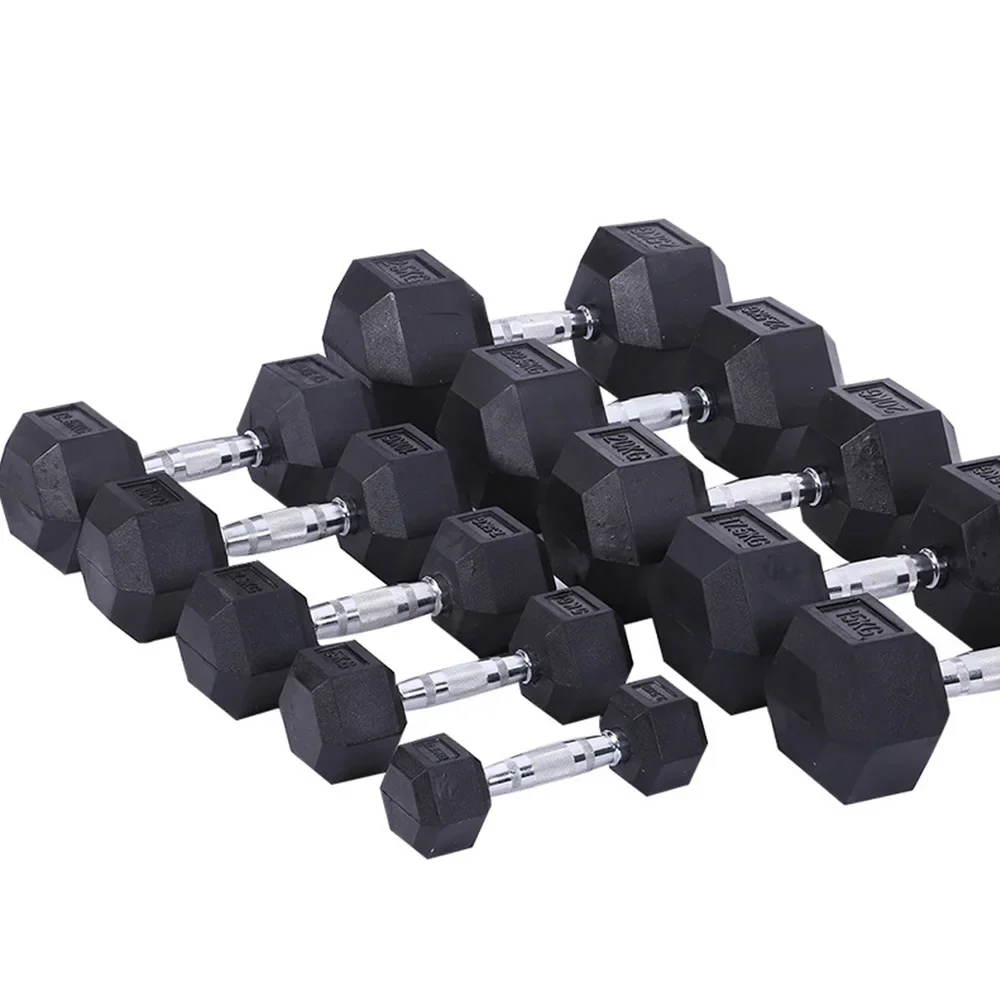 Mancuernas Hexagonales Recubiertas de Goma, Negras, Económicas, para Levantamiento de Pesas en Gimnasio, al por Mayor