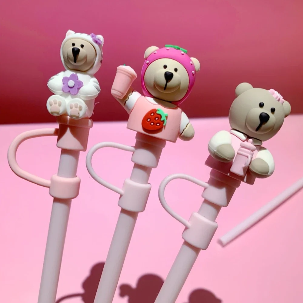 1PC Pink Bear Straw Stoppers for 6-8mm Straws Silicone Straw Cover Caps Dust-Proof Kawaii Cartoon Bottle Stopper