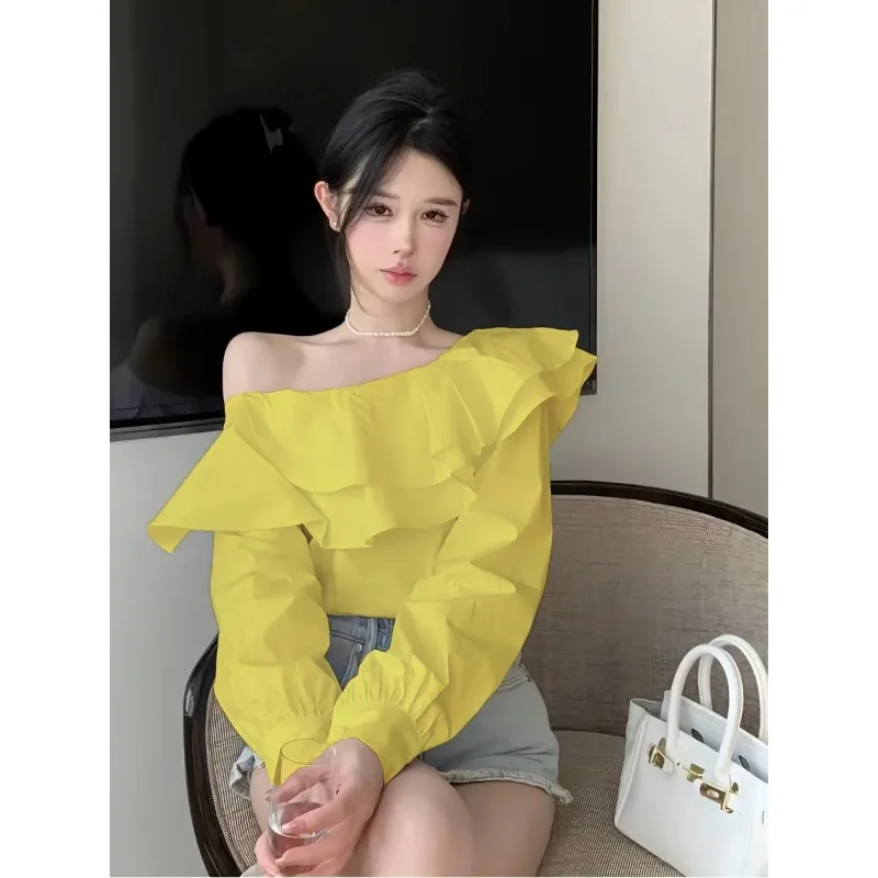 Camisa de manga larga con hombros descubiertos y volantes de doble capa con temperamento francés maduro y elegante, Top holgado para mujer
