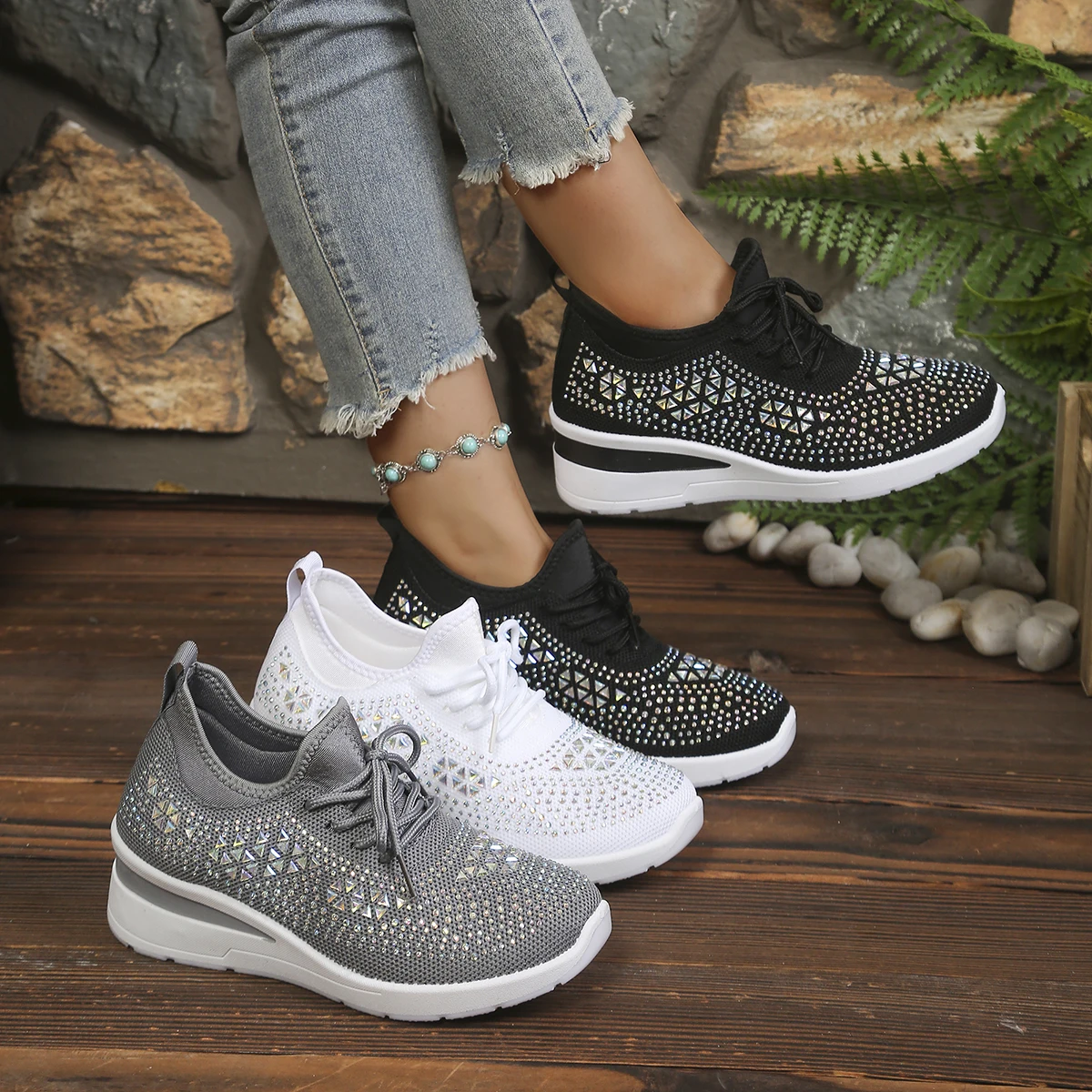 All-over Sparkling Rhinestone Covered Lace-up Wedge Trainers, Soft Stretch Knit Collar, Segmented Wavy Texture Outsole Shoes