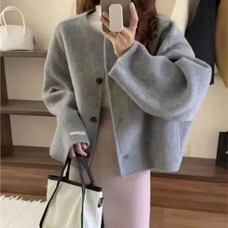 French Style Coat Commuter Outdoor Shopping Style Round Neck Coat Autumn and Winter Korean Style Loose Temperament Woolen Coat