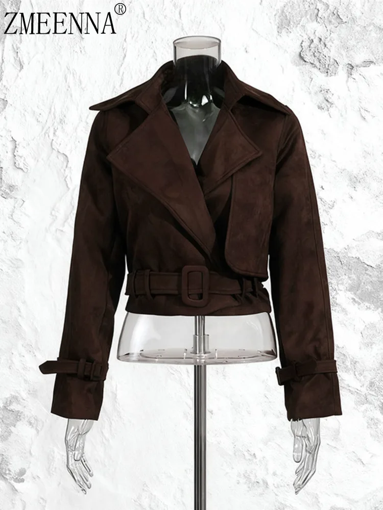 

ZMEENNA Women's Brown Jacket Faux Leather Buckled Belted Short Coat Lapel Cuffs Casual Fashion Outerwear ZM4181