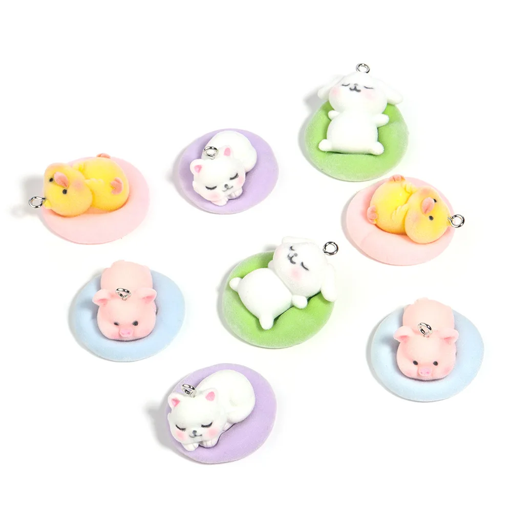 30Pcs 3D Cute Flocking Duck Charms Cartoon Animal Cat Rabbit Resin Pendant Keychain Bag Accessories for DIY Crafts Jewelry Make