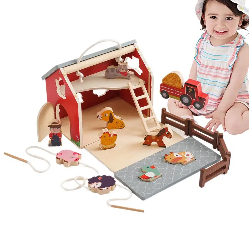 

Montessori Toys Wooden Simulated Farm Setting Scene Toys Shape Matching Animal Threading Toys Children Puzzle Blocks