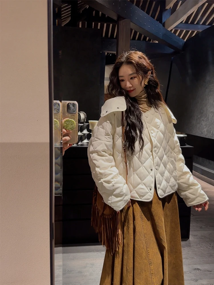 

Sanji Black Flower Autumn Winter Light Thin Diamond Patterned Long Short Puffer Jacket Commute Style Korean Version Coat