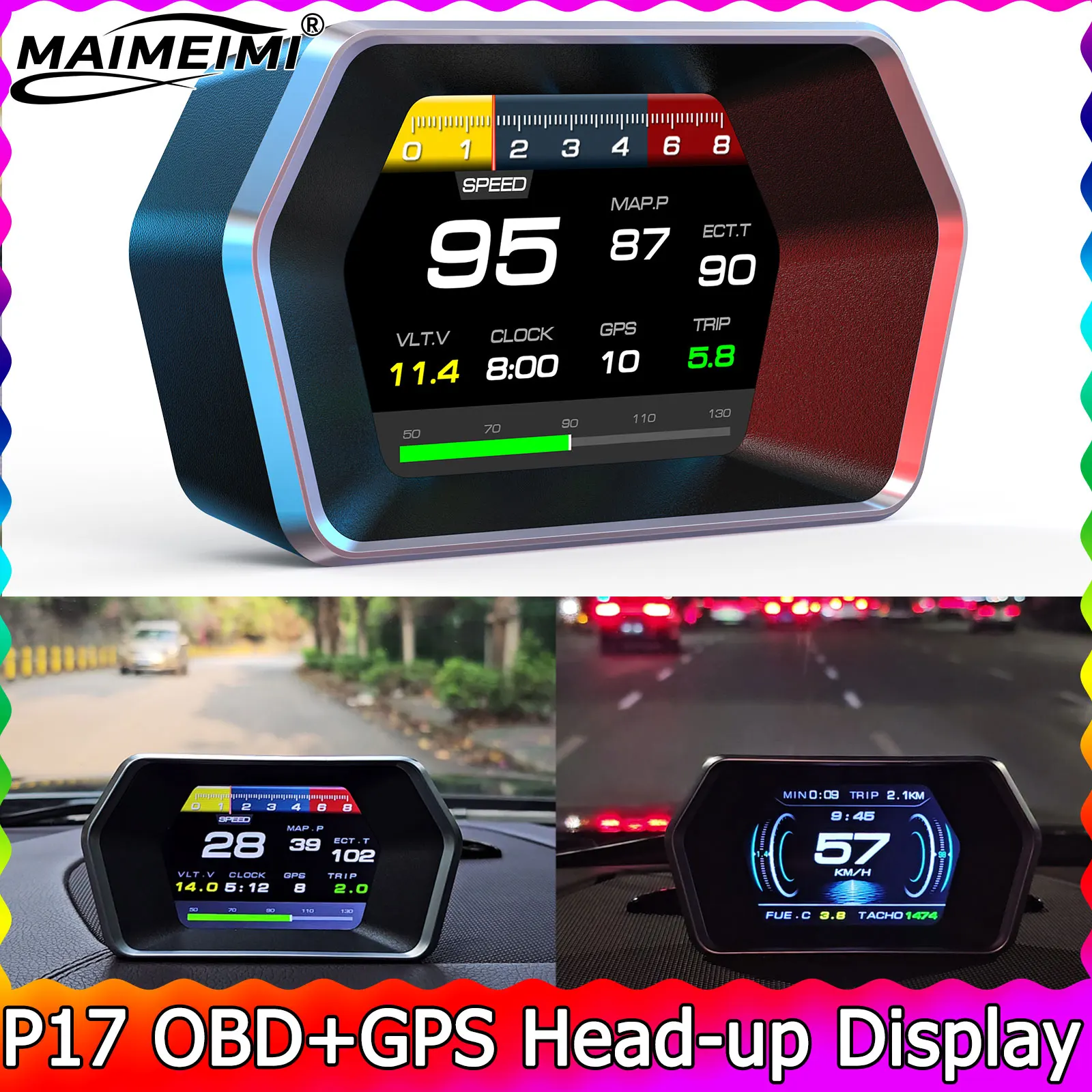 

4.3 Inch Speedometer OBD2 +GPS HUD P17 Head Up Display On-board Computer Digital Smart Fuel Consumption Tachometer Water Temp