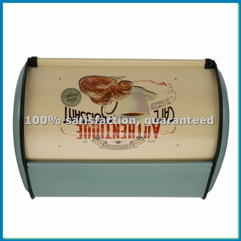 Vintage Bread Box Storage Bin Rollup Top Light Blue Small Powder Coated Bread Iron Snack-AT35