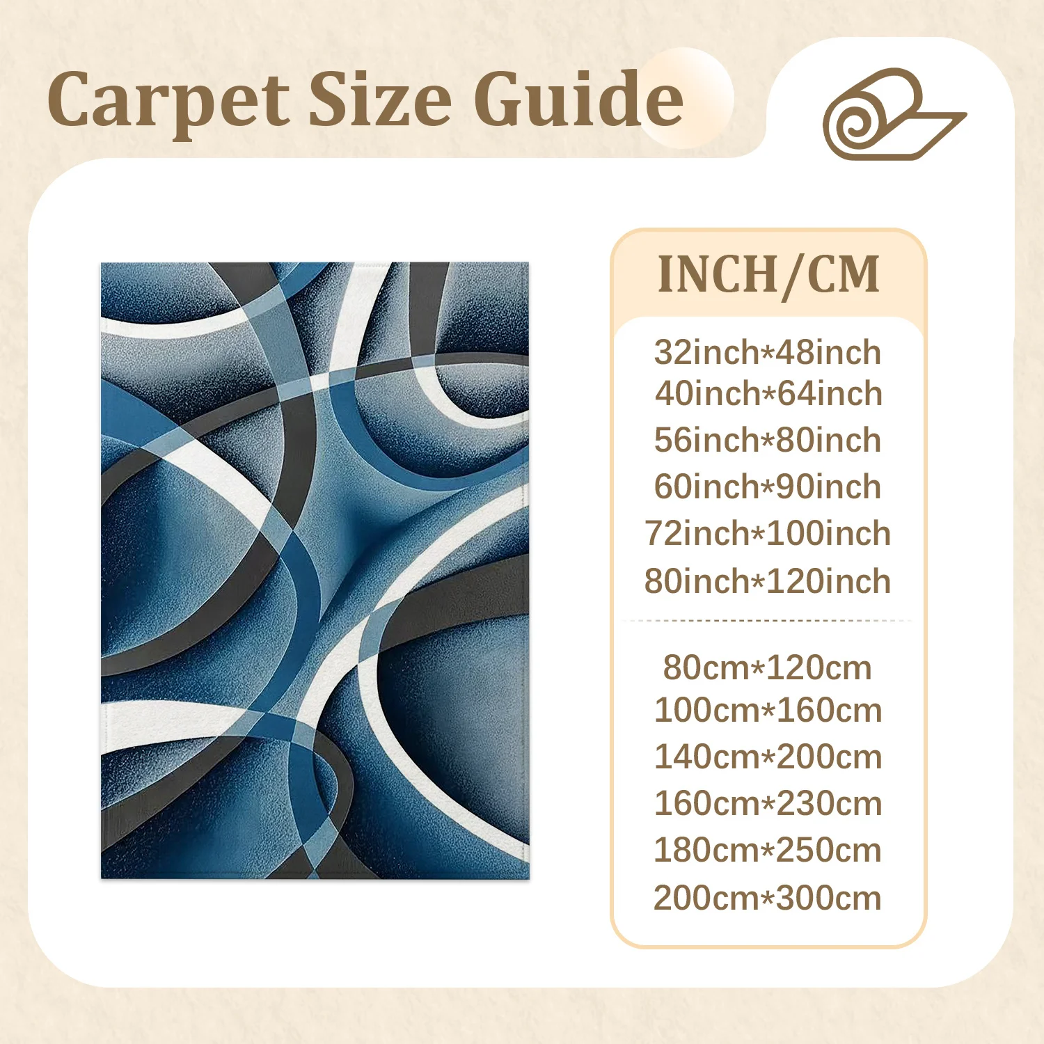 Large Indoor Area Rug, Soft Velvet Low Pile Non-Slip Dotted Backing Machine Washable Abstract Blue Gray White Curved Pattern Rug for Living Room Bedroom