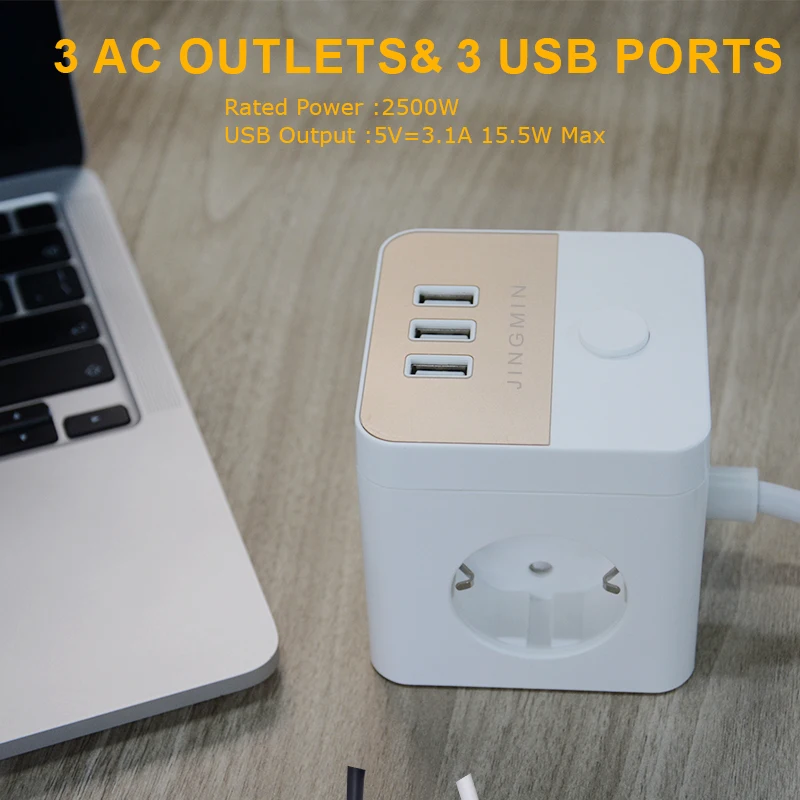 EU Cube Extension Cord Power Socket Multi-Outlet Power Strip with 3 AC Outlets and 3 USB with Switch 1.5m Cable for Home Office