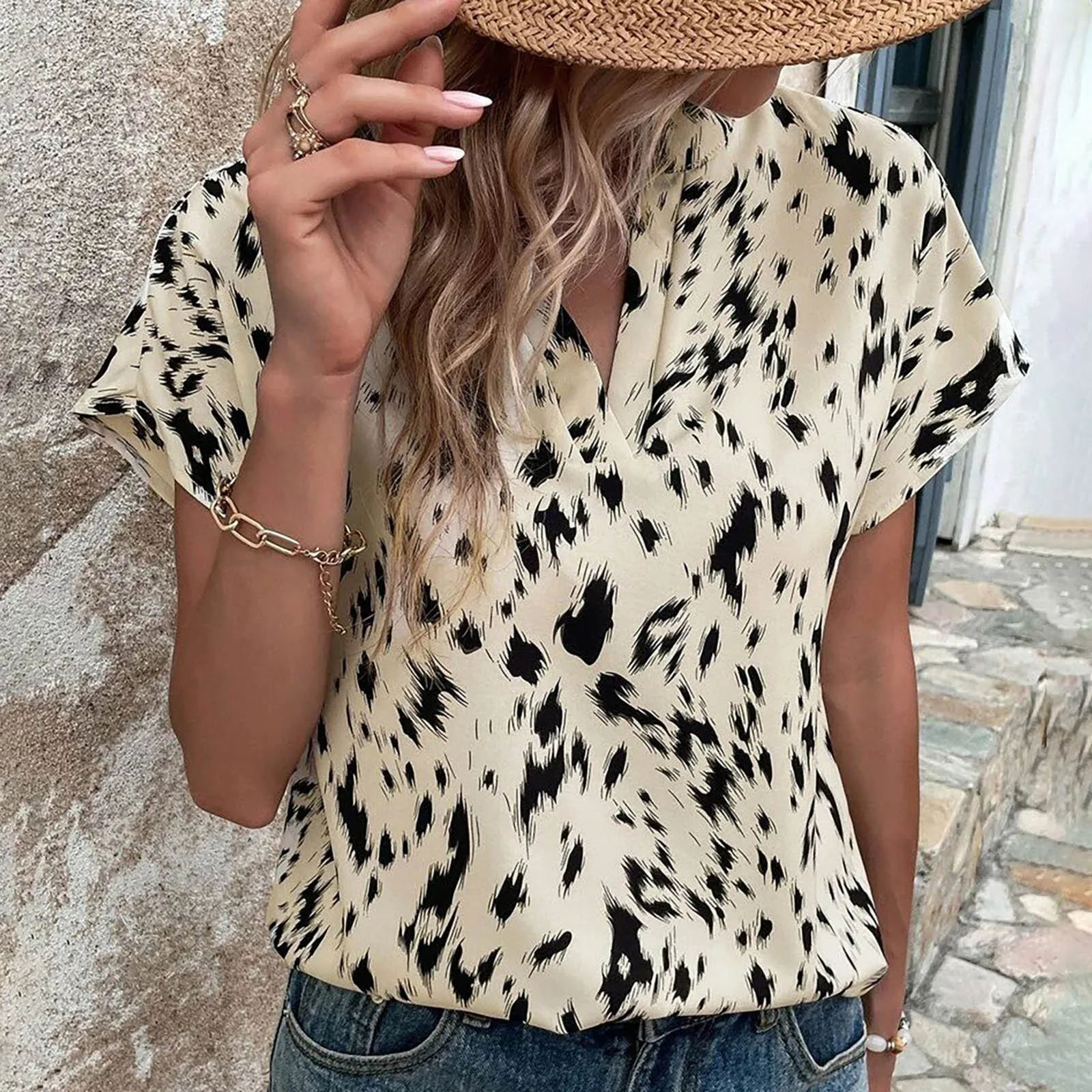 

Leopard Women's Blouse Shirt Summer Leopard Print Tops Tees Casual Fashion V Neck Street Oversized Pullover Lady Clothing Mujer