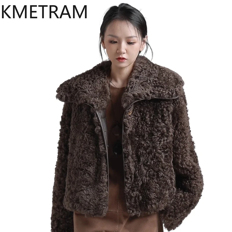 

KMETRAM 100% Natural Sheepskin with Wool Atttached Fur Clothes for Woman Loose Short New Jacket 2025 Winter Outerwears fourrures