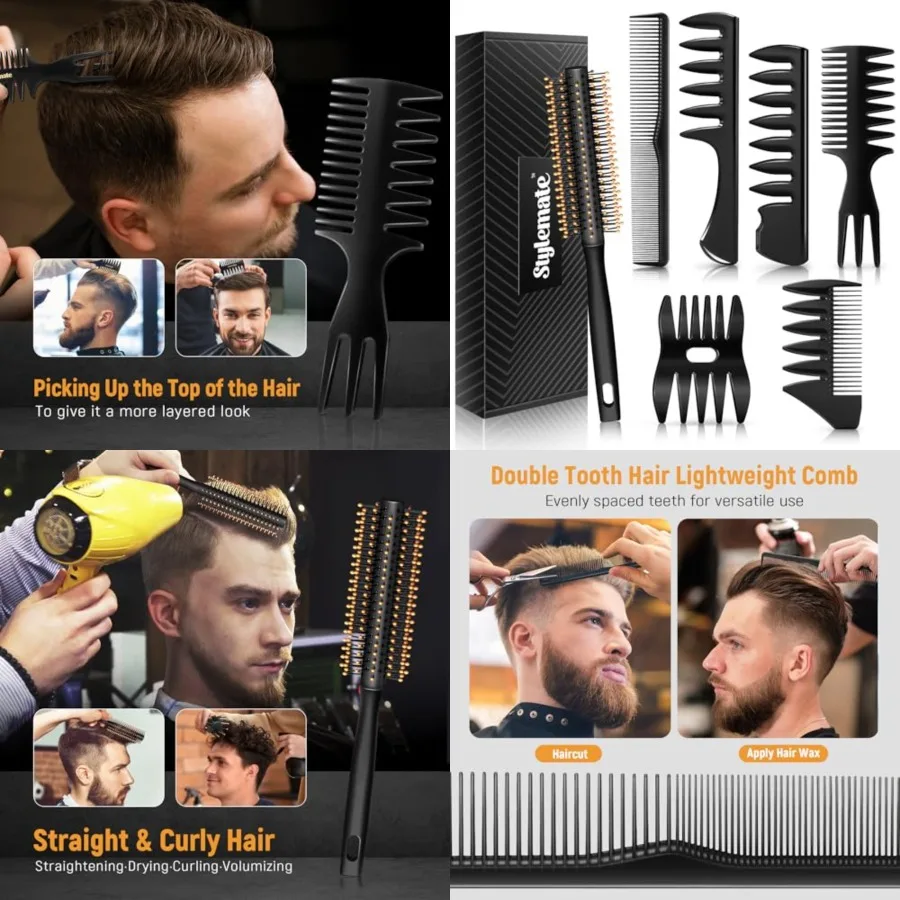 

Men's Hair Styling Combs and Brush Set - Roller Brush for Adding Volume, Pompadour, Slicked-back, Fauxhawk, Undercut Styling Co