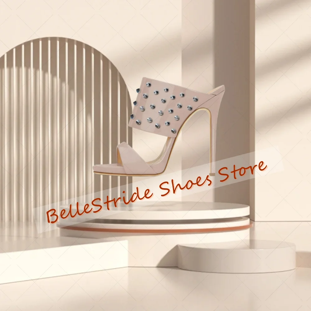 

Nude Rivet Decor Patent leather Slippers Open Toe Women Shoes Stilettos High Heels Party Banquet Dating 2025 Zapatos Para Mujere