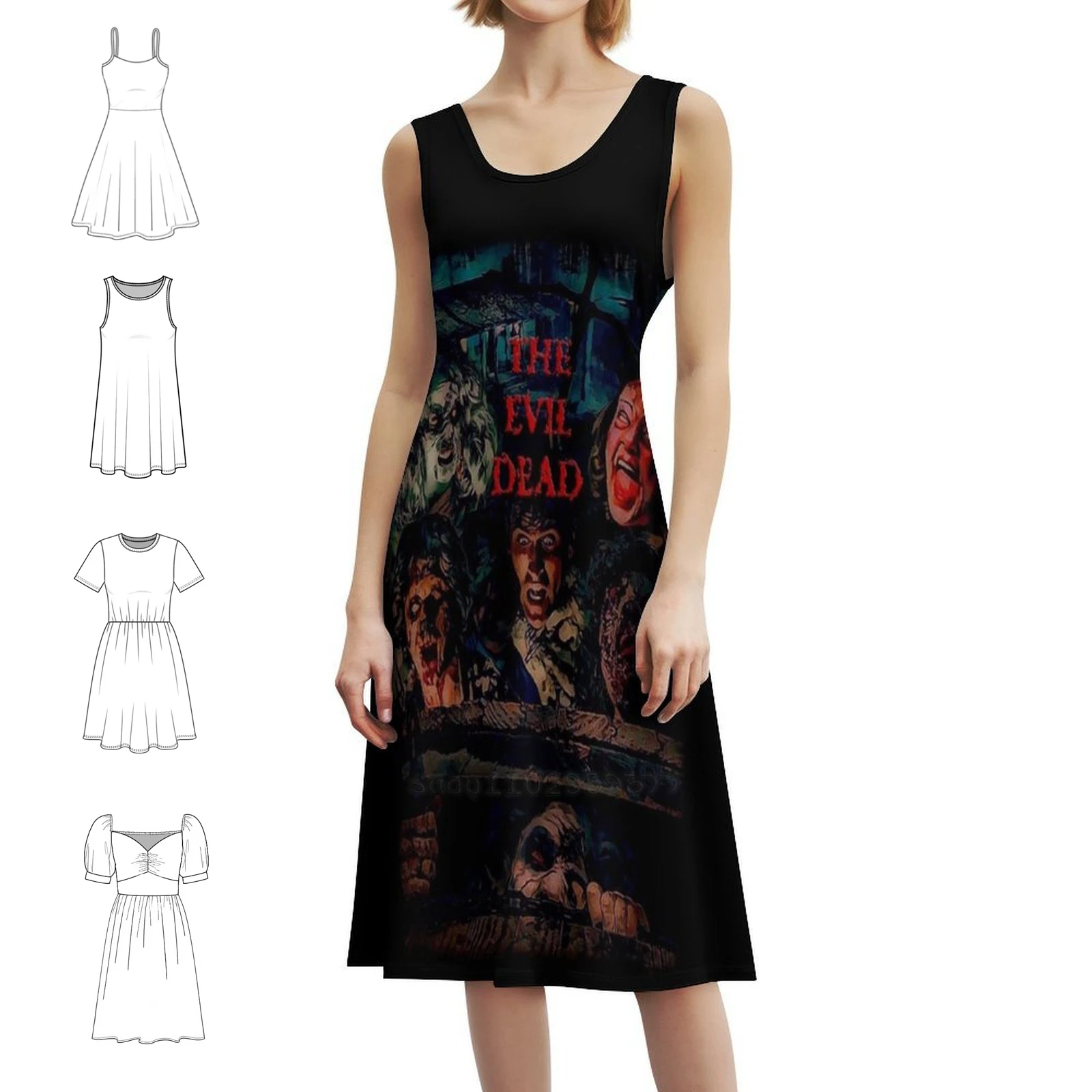 Five Friends Vestido de festa feminino elegante vestido evasê com opções curtas/longas/sem mangas Horror 80Shorror 1980S 80S Horrorart