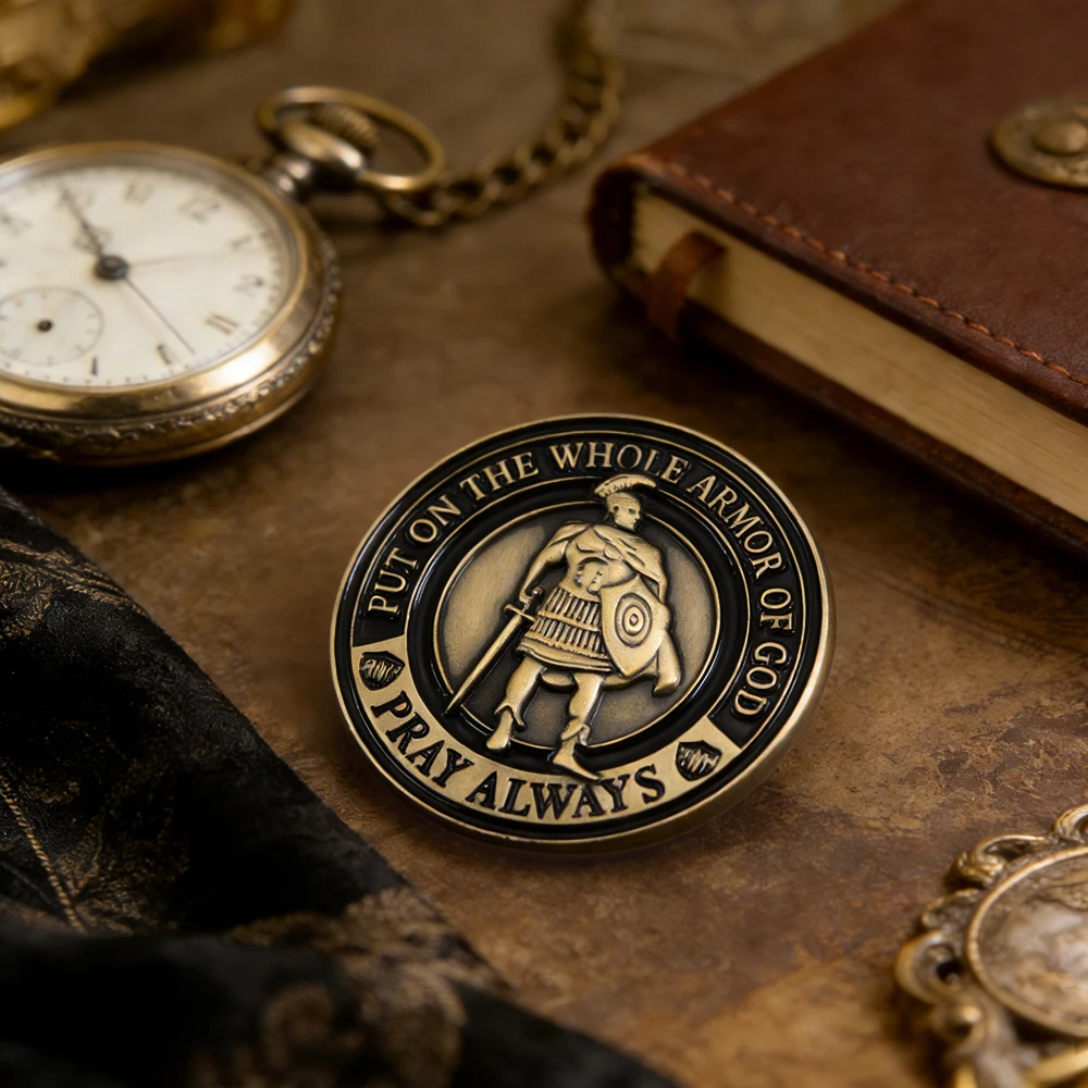 Zieht die ganze Rüstung Gottes an Emaille-Pin Bete immer Römische Soldaten Brosche Gedenkabzeichen Geschenke Bibel Epheser – Detail 4