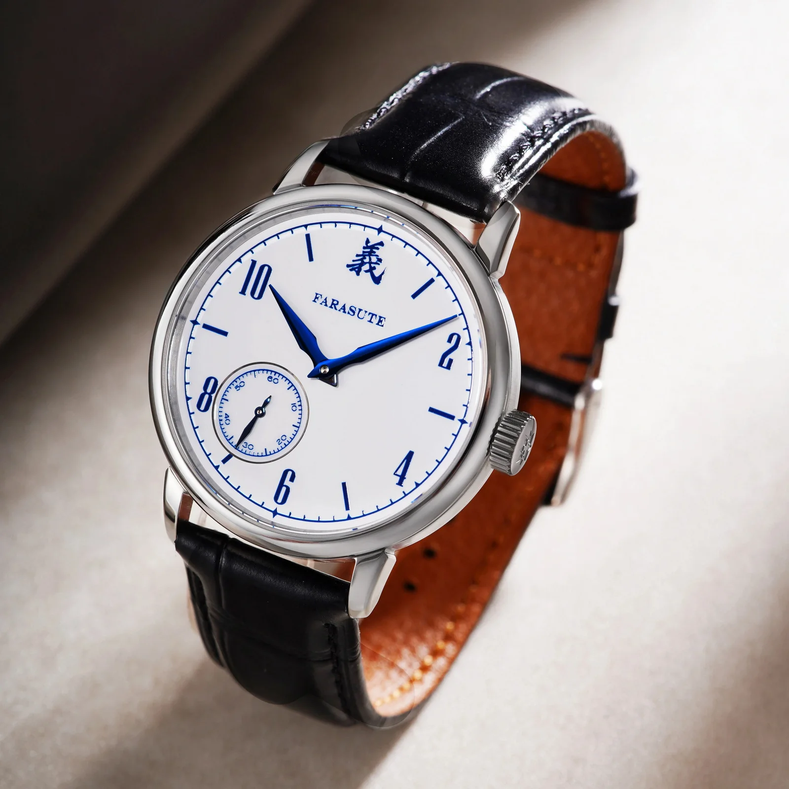 FARASUTE Men Mechanical Watch 39mm Manual Winding Mechanical Wristwatch Sapphire Mirror Enamel White Dial Power Reserve 80 Hours