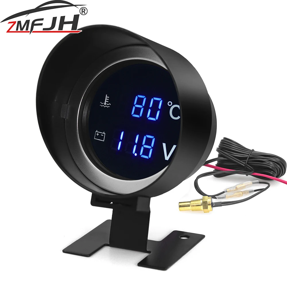 Round Led Digital Car Truck Water Temp Gauge With Water Temperature Sensor Voltmeter Volt Voltage Meter 2 in 1 Gauge 12V 24V